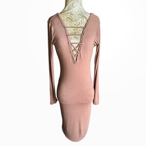 Sexy Stretch Lace Up Dress Long Sleeve Party Dress Size Medium Mocha Taupe Party